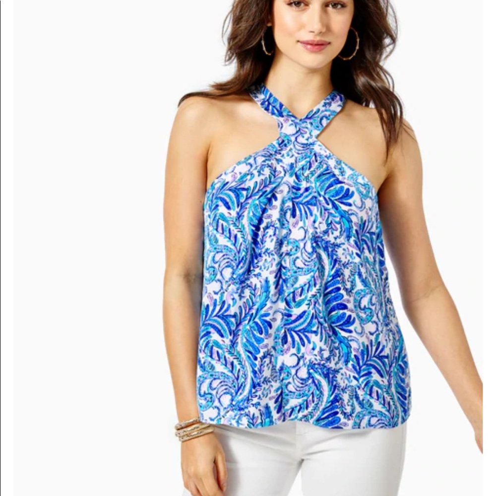 Lilly Pulitzer Rori Baja blue floral halter top.